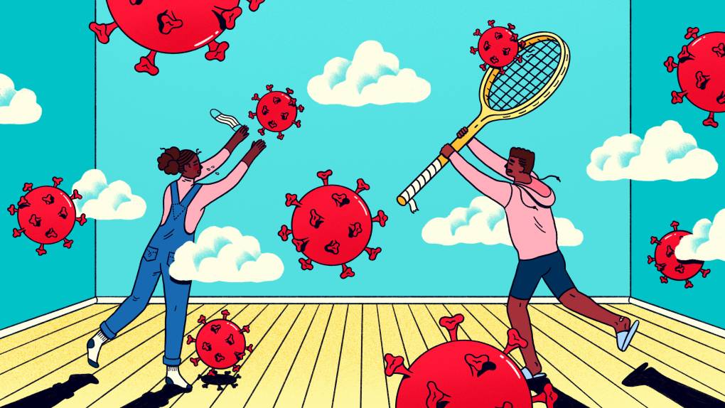 An illustration of virus spores and to people swatting them with a tennis racket and a mask.