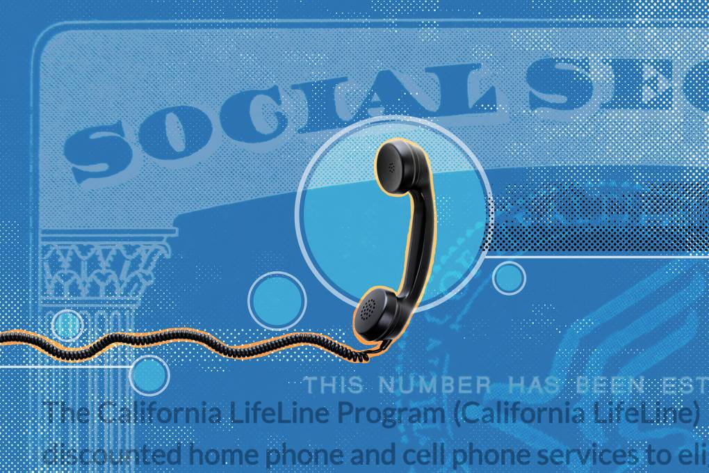 An illustration of a telephone over an enlarged image of a blue social security card.