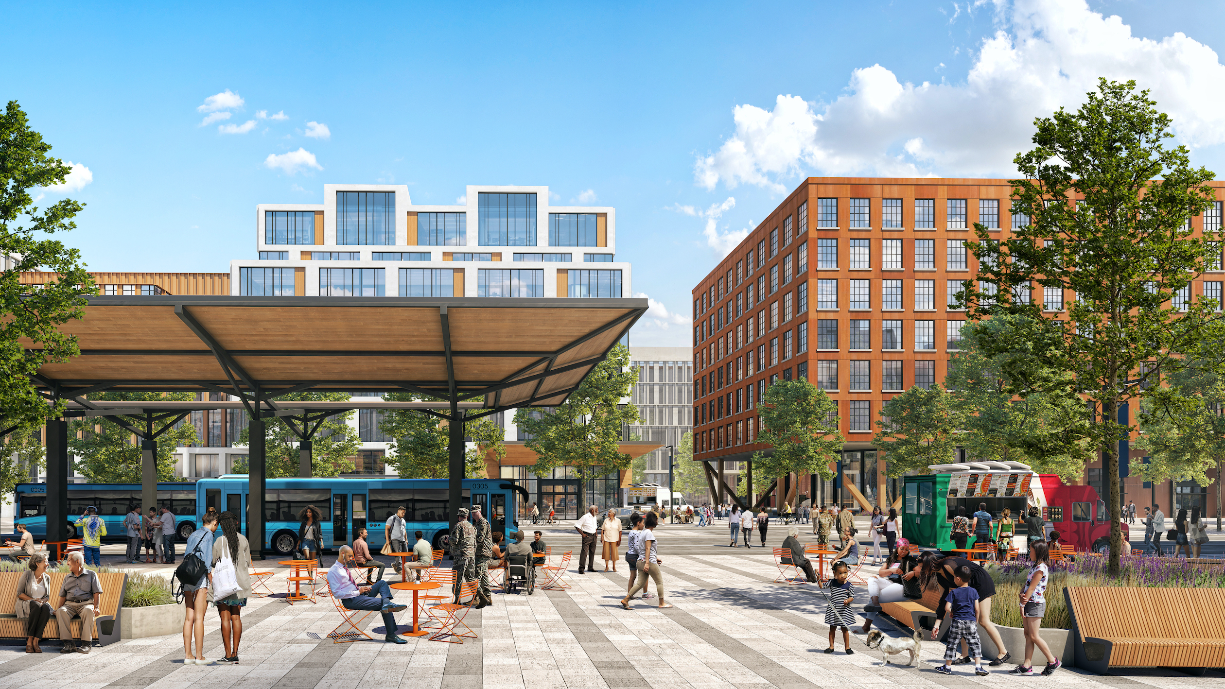 An illustration of a downtown center with people sitting and walking around with various buildings, a food truck and structures on display.