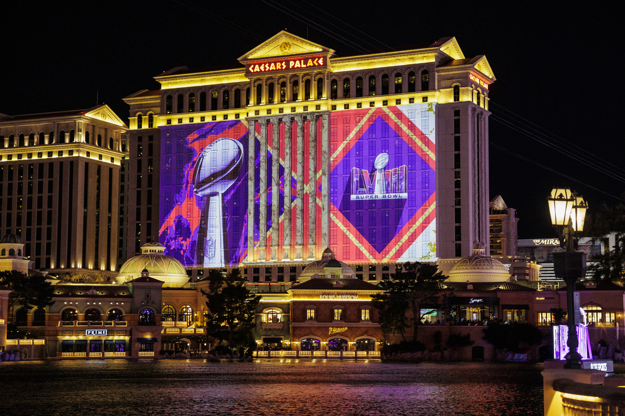Ceasars Palace illuminated in anticipation of the Super Bowl on Feb. 10, 2024.