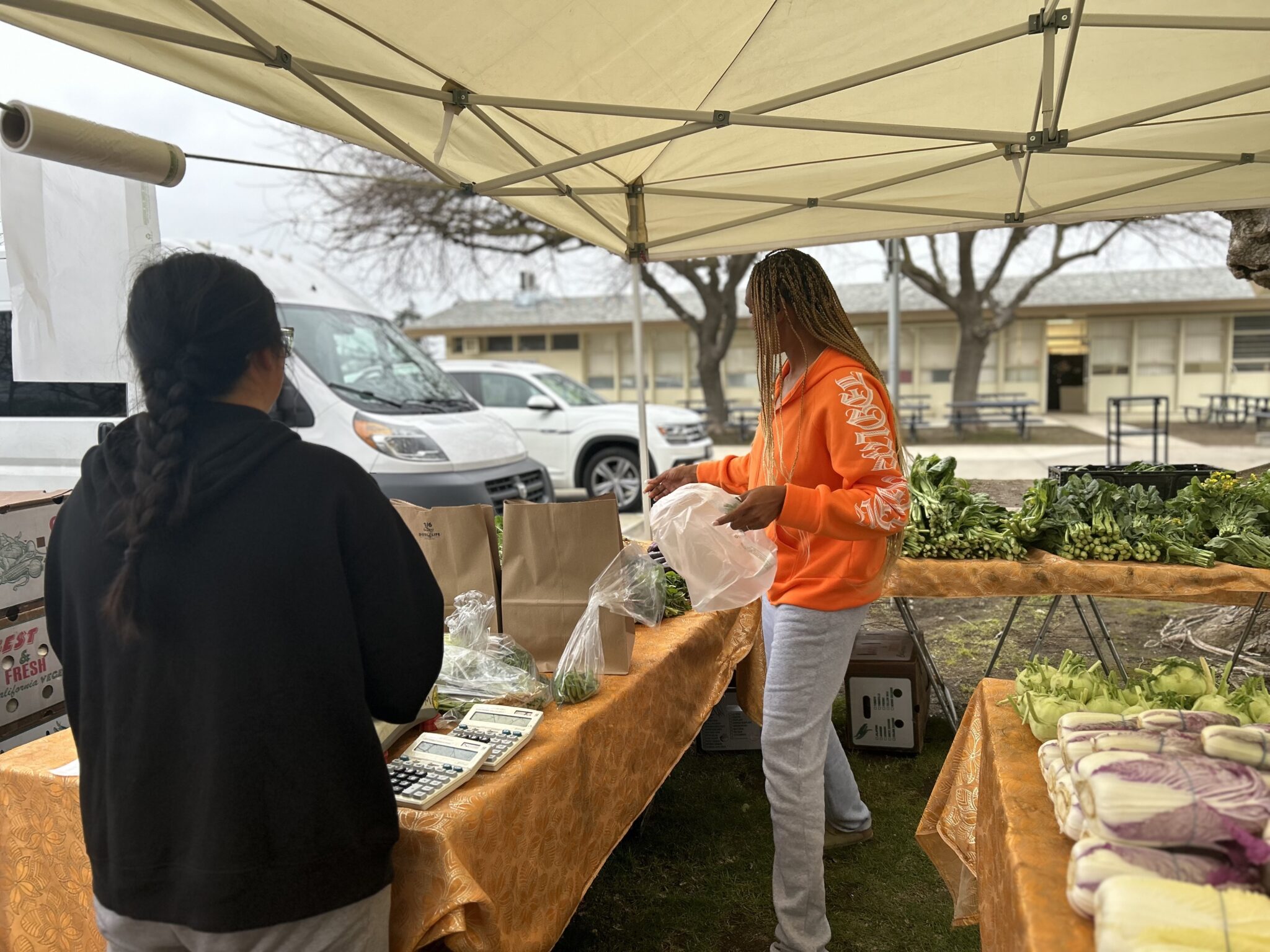 Two people under awning in a stall with farm produce on a table and school in background.