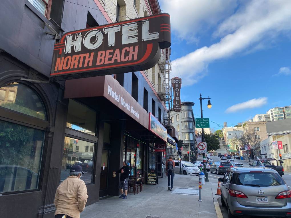 The exterior signage of the North Beach Hotel.