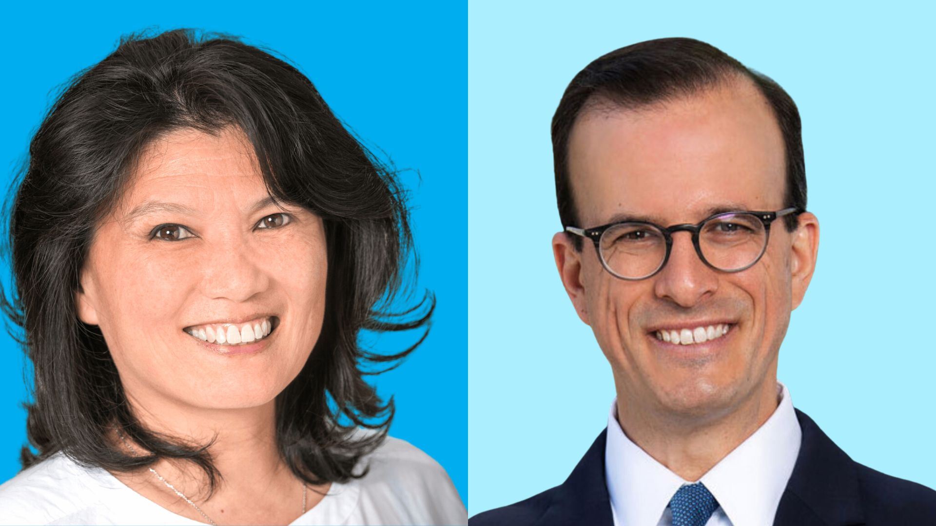 A collage of a woman with black hair against a blue background and a man with dark hair against a lighter blue background.