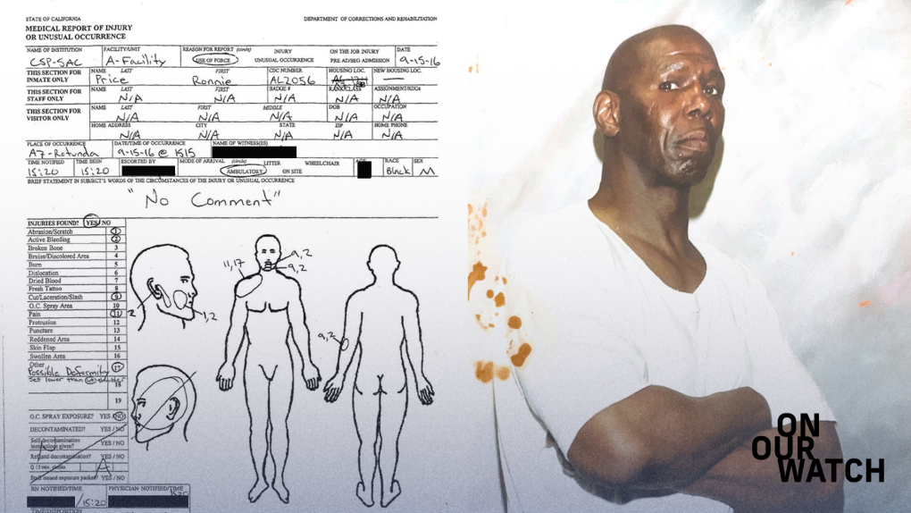 On the right side of the image is a photo of a black man with a shaved head looking at the camera. His arms are crossed and he's wearing a white T shirt. On the left side of the image is a medical injury report that lists details about a use of force incident that resulted in injuries.