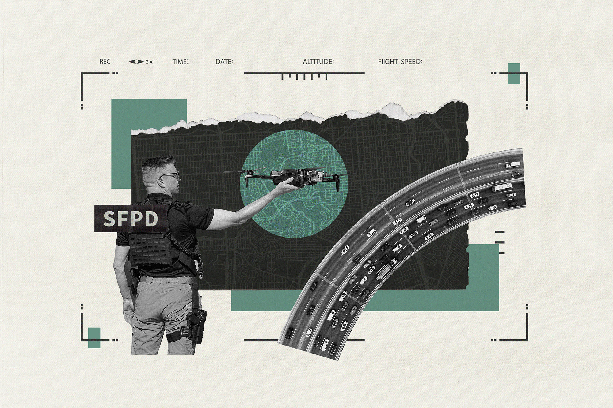 An illustration of a police officer holding a gun with part of a highway.