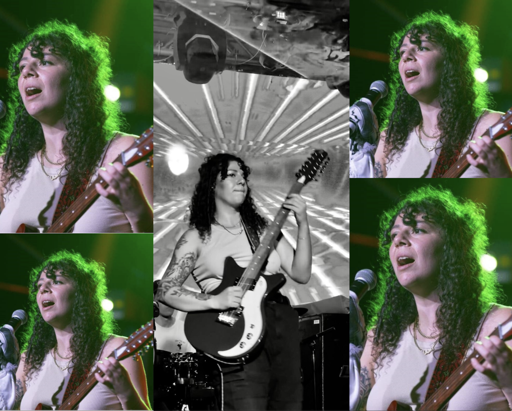 A photo collage of five images, with the center image in black and white of a woman playing a guitar on stage.