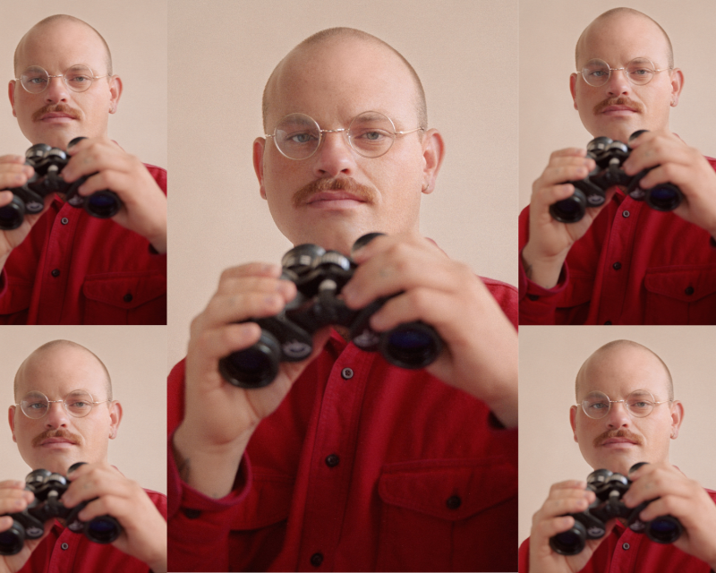 A photo collage of five images of a man wearing glasses and a red shirt holding binoculars.