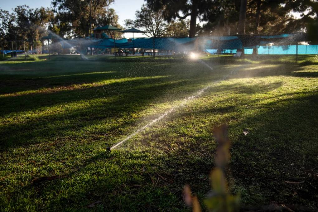 Green grass in an enclosed space is watered by sprinklers.
