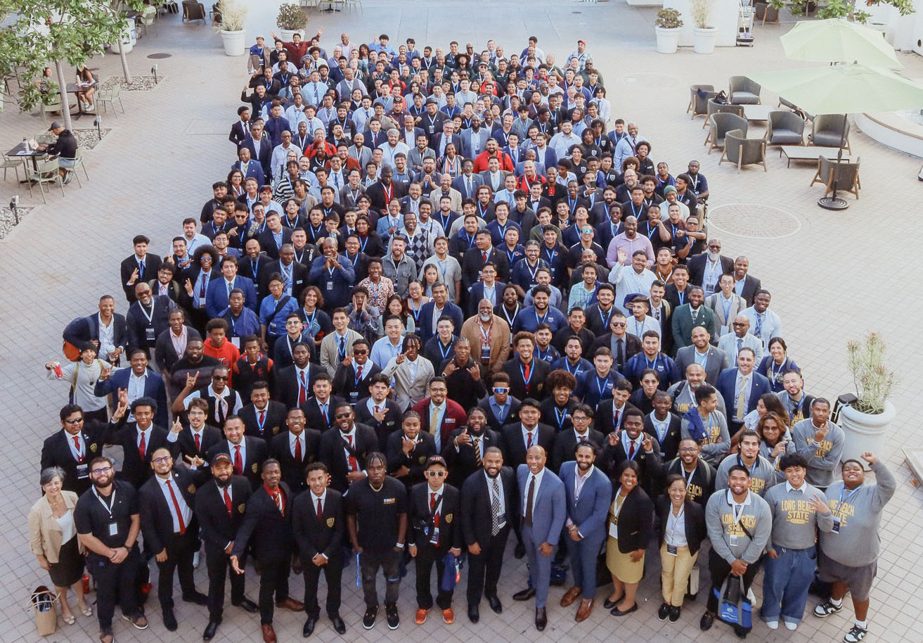 An aerial view of a large group of people.