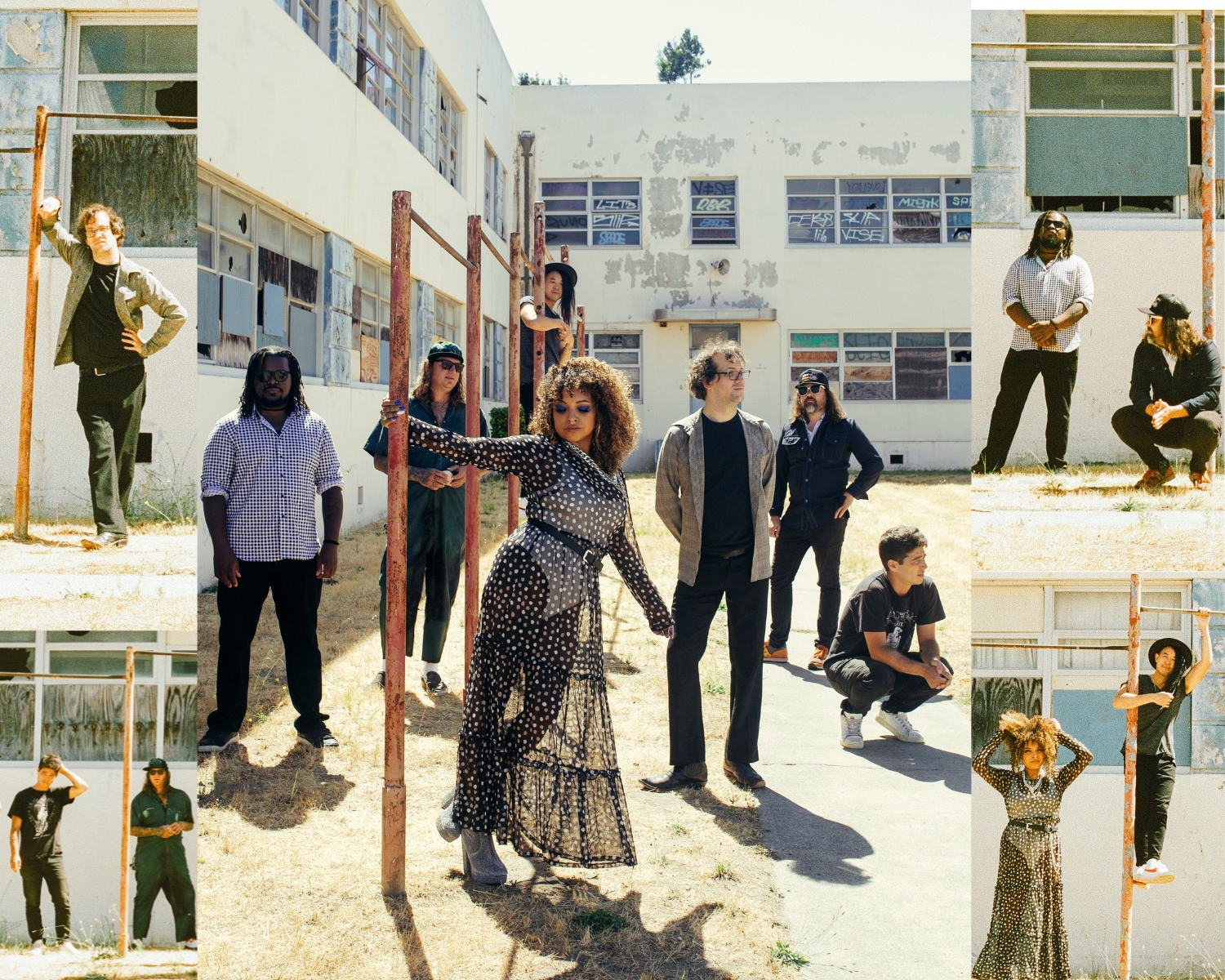 A collage of five images with the center image showing eight people standing near or holding on to a jungle gym-like pole outside of the building.