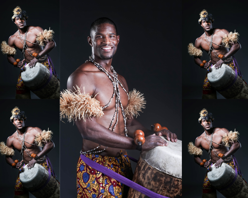 A collage of five images of an African man with a large drum attached to his waist.