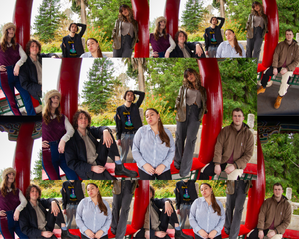 A collage of five images showing three women and three men standing and sitting in an open structure outdoors.
