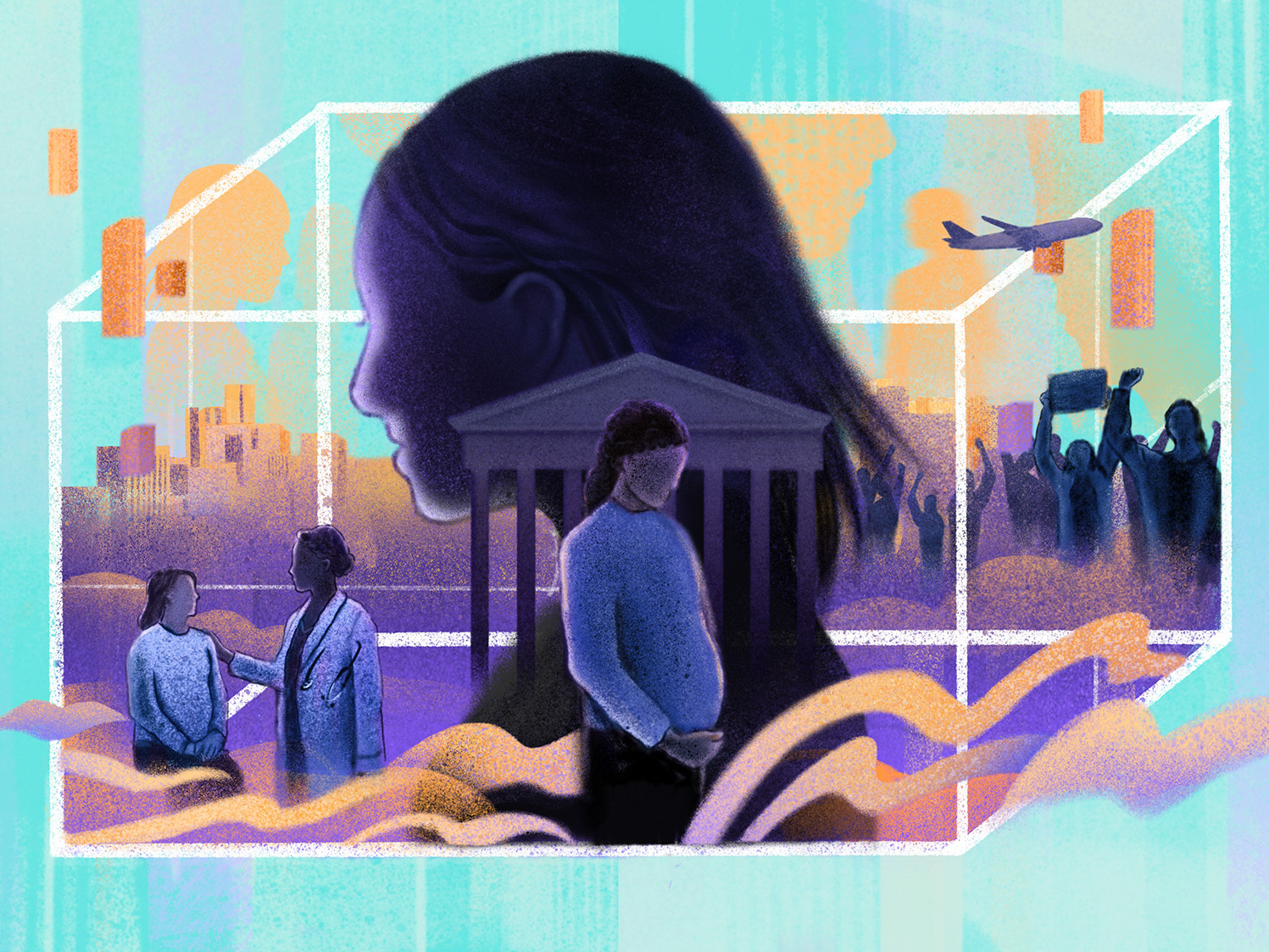 An illustration of a silhouette of a woman behind a translucent cube with a plane, pregnant person, protestors and a doctor in the background.