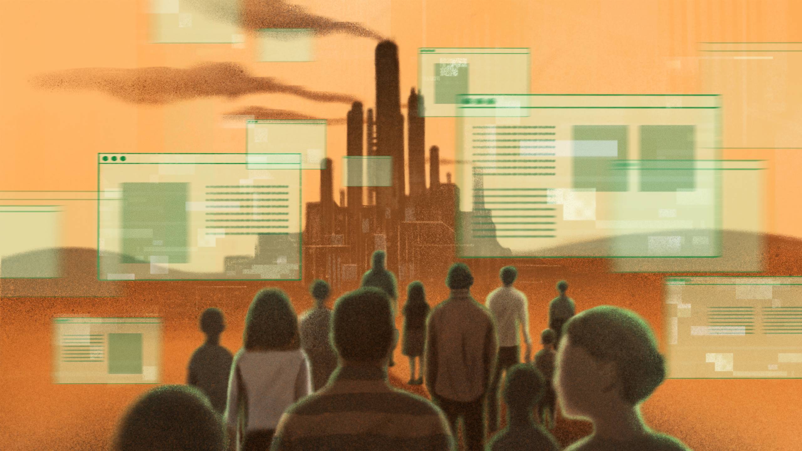 An illustration of people walking toward large buildings with smoke coming out of the top and green screens on both sides.