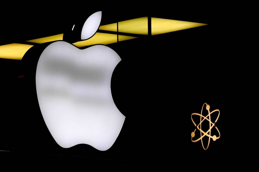 An Apple logo outside a building.
