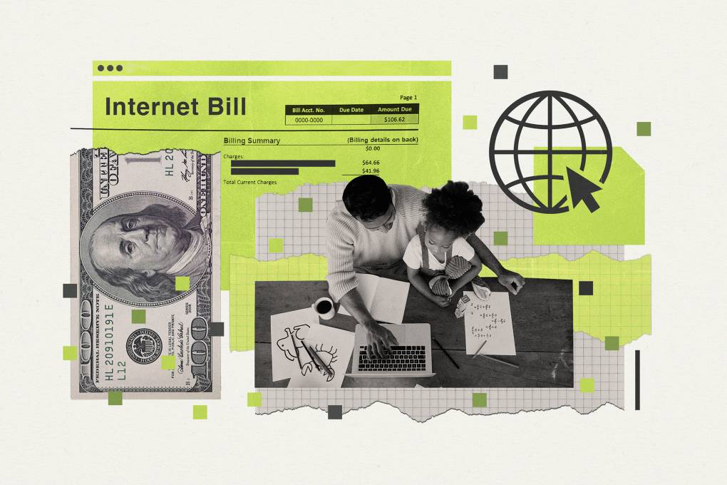 A graphic illustration showing a $100 dollar bill, a man and child sitting next to each other looking at a laptop, and a logo of a globe with a mouse cursor on it.