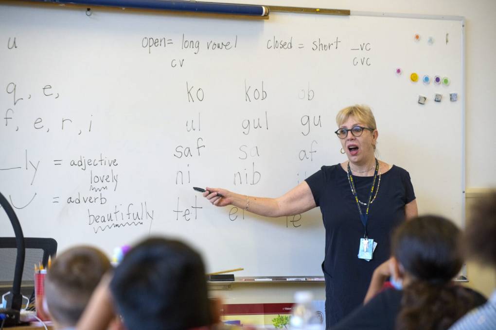 A white woman wearing glasses and a dark dress points at a whiteboard in front several students.