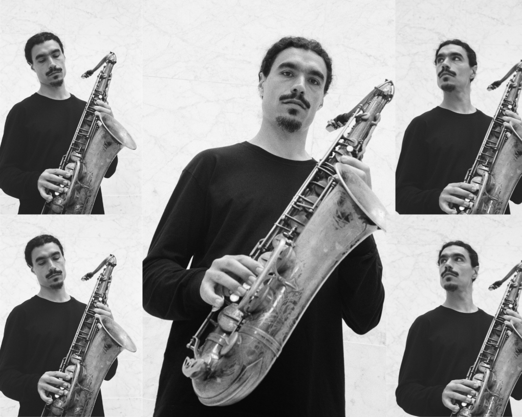 A black and white collage of five images of a man holding a saxophone.