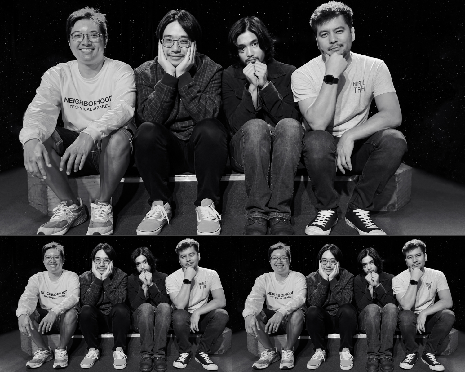 A collage of black and white images of four men seated next to each other.