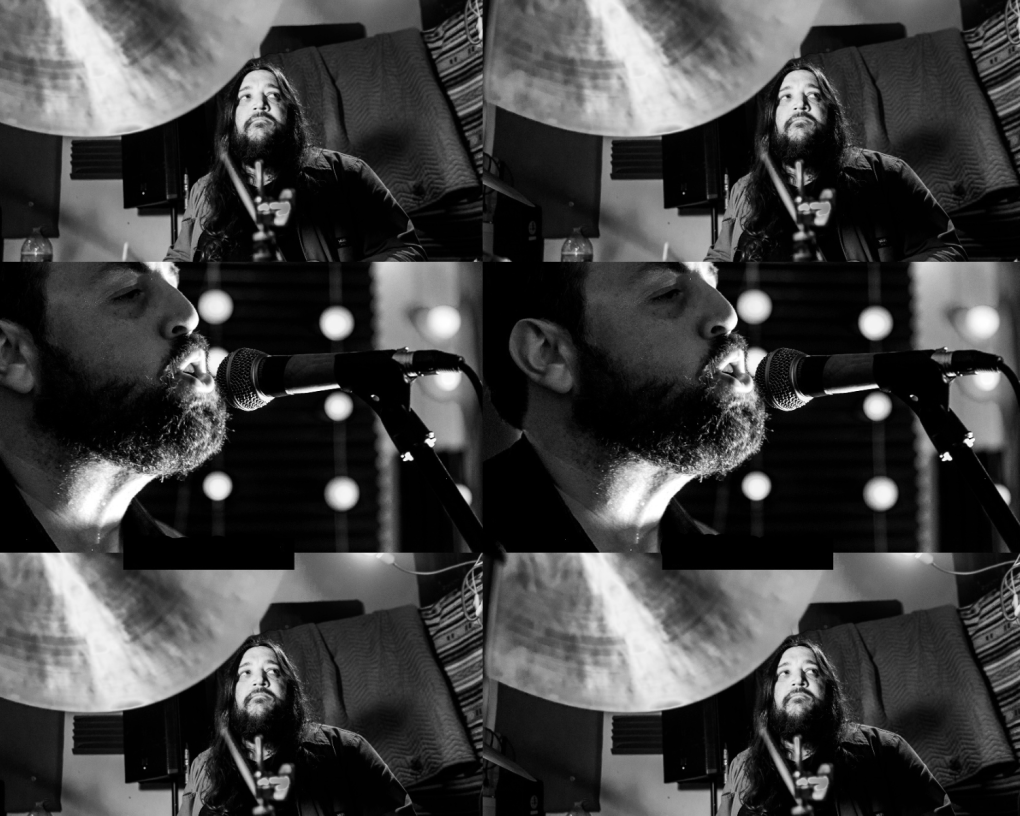 A black-and-white collage of two images. One is a close-up of a man next to a microphone. The other is a man with a beard seated in a studio with a drum symbol in the foreground.