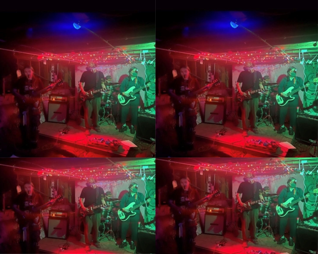 A collage of four images of a band performing on stage.