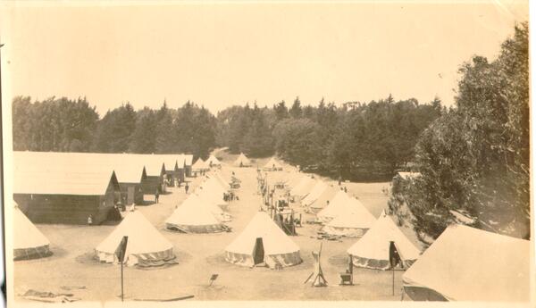 Rows of white tent set up in Golden Gate Park to house refugees from the 1906 earthquake.