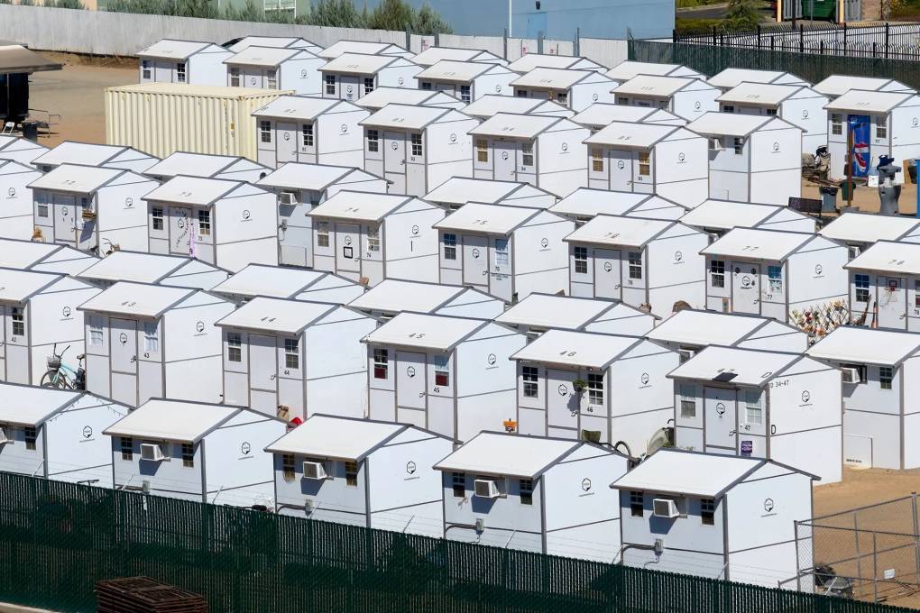Rows of modular tiny houses.