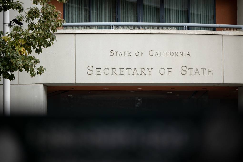 The front of a building that reads "State of California Secretary of State."