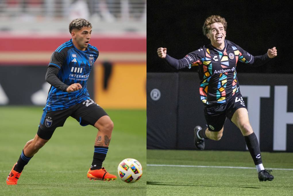 Split images of two men in soccer uniforms running on the field. The man on the left is kicking a soccer ball.