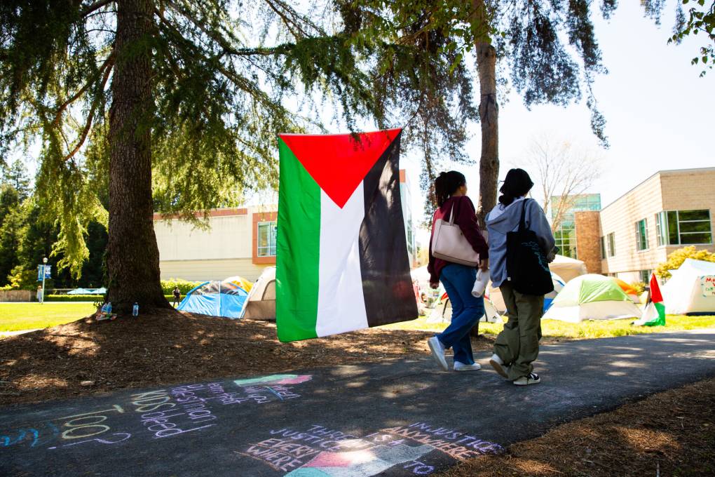 Two women walk past a Palestinian flag hanging from a tree outdoors.