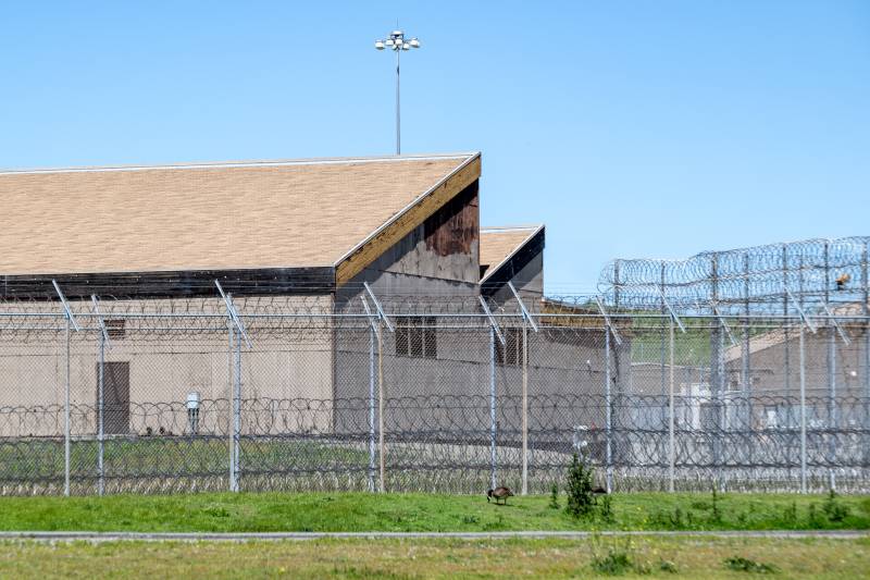 Wire fencing and green grass in front of a prison structure.