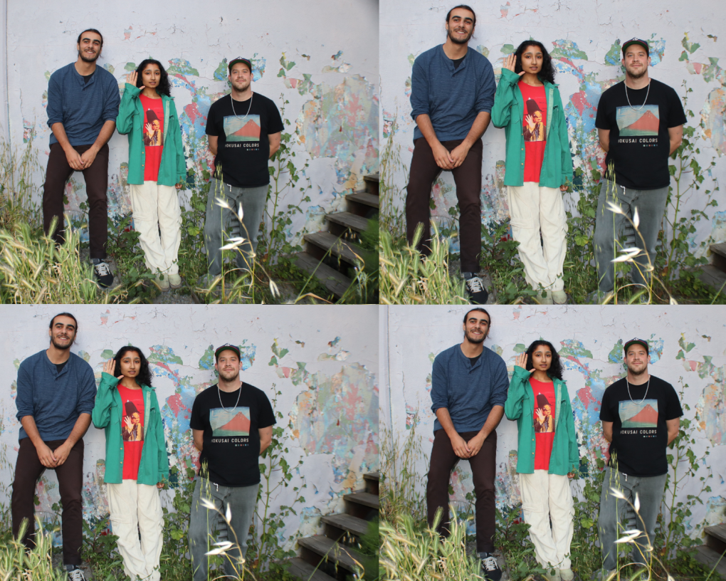 A collage of four images of two men and one woman standing against a wall outside.