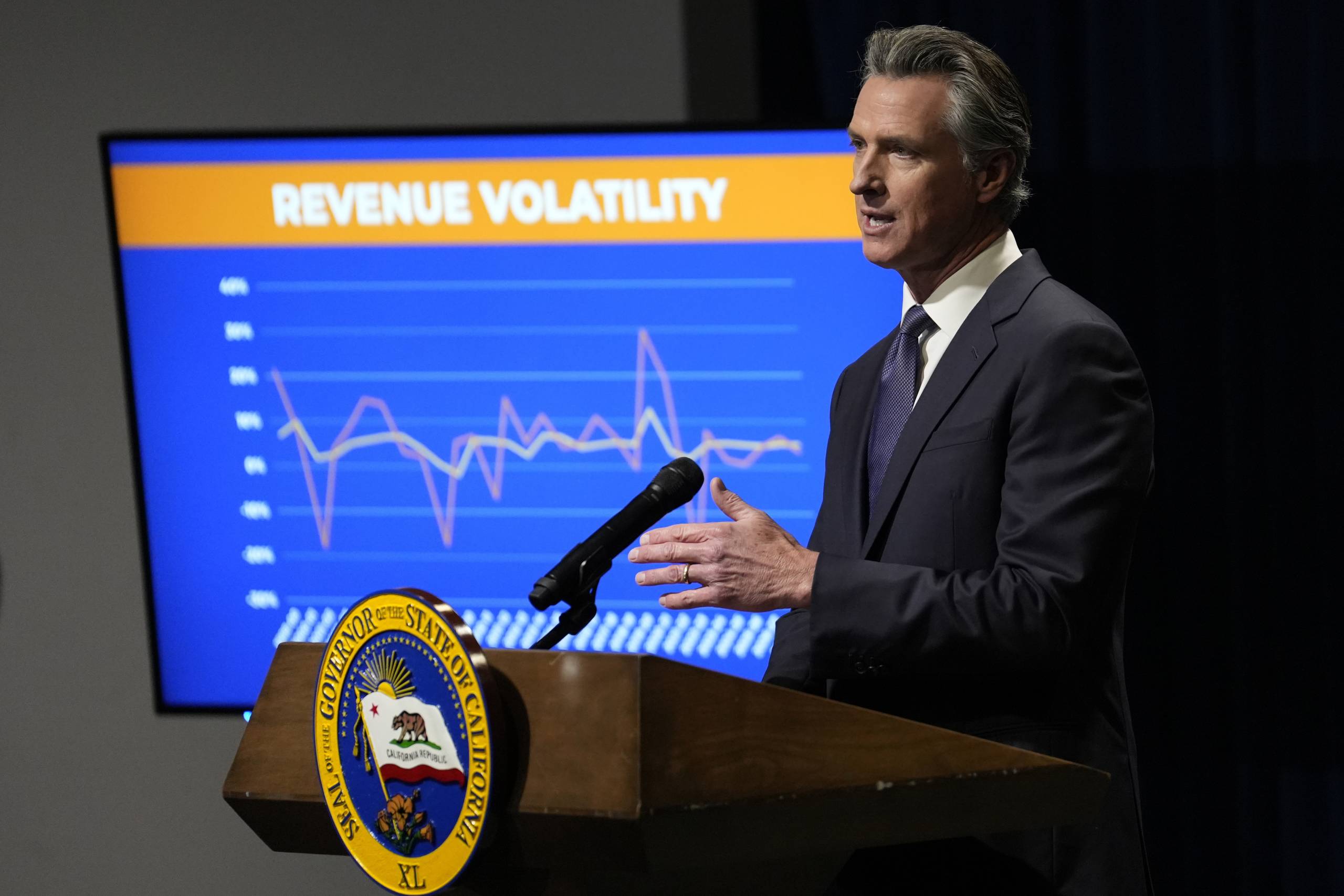 A white, middle-aged man speaks behind a lectern with a screen with a graph in the background.