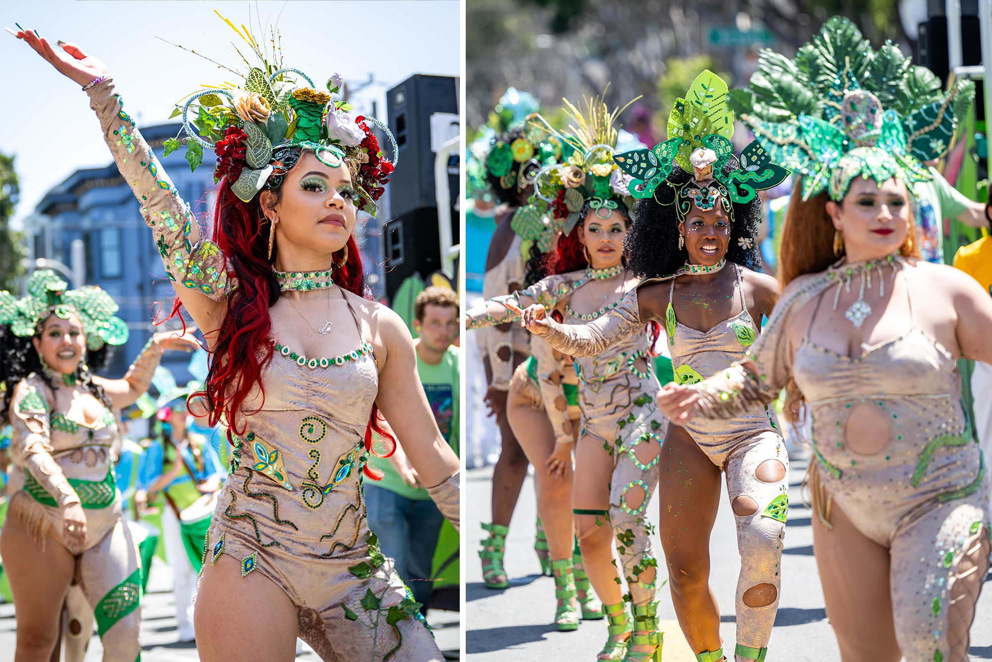 Side-by-side images of women dressed in elaborate attire for a parade.