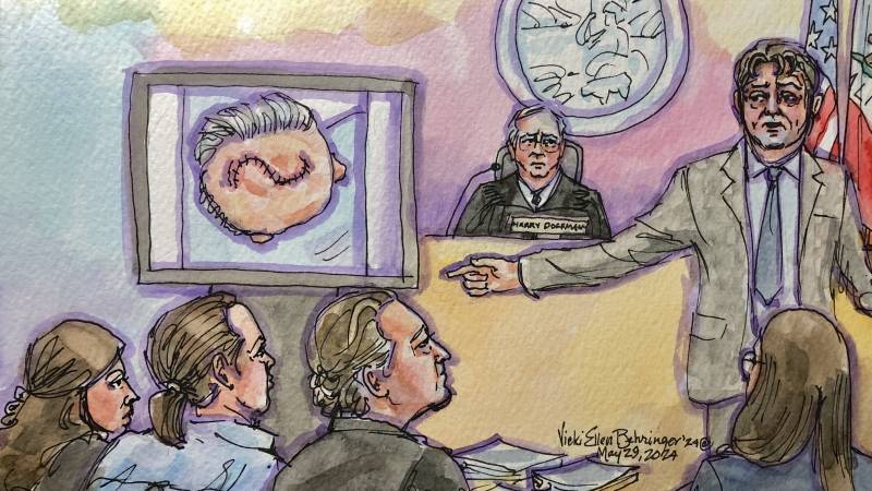 A watercolor courtroom sketch.