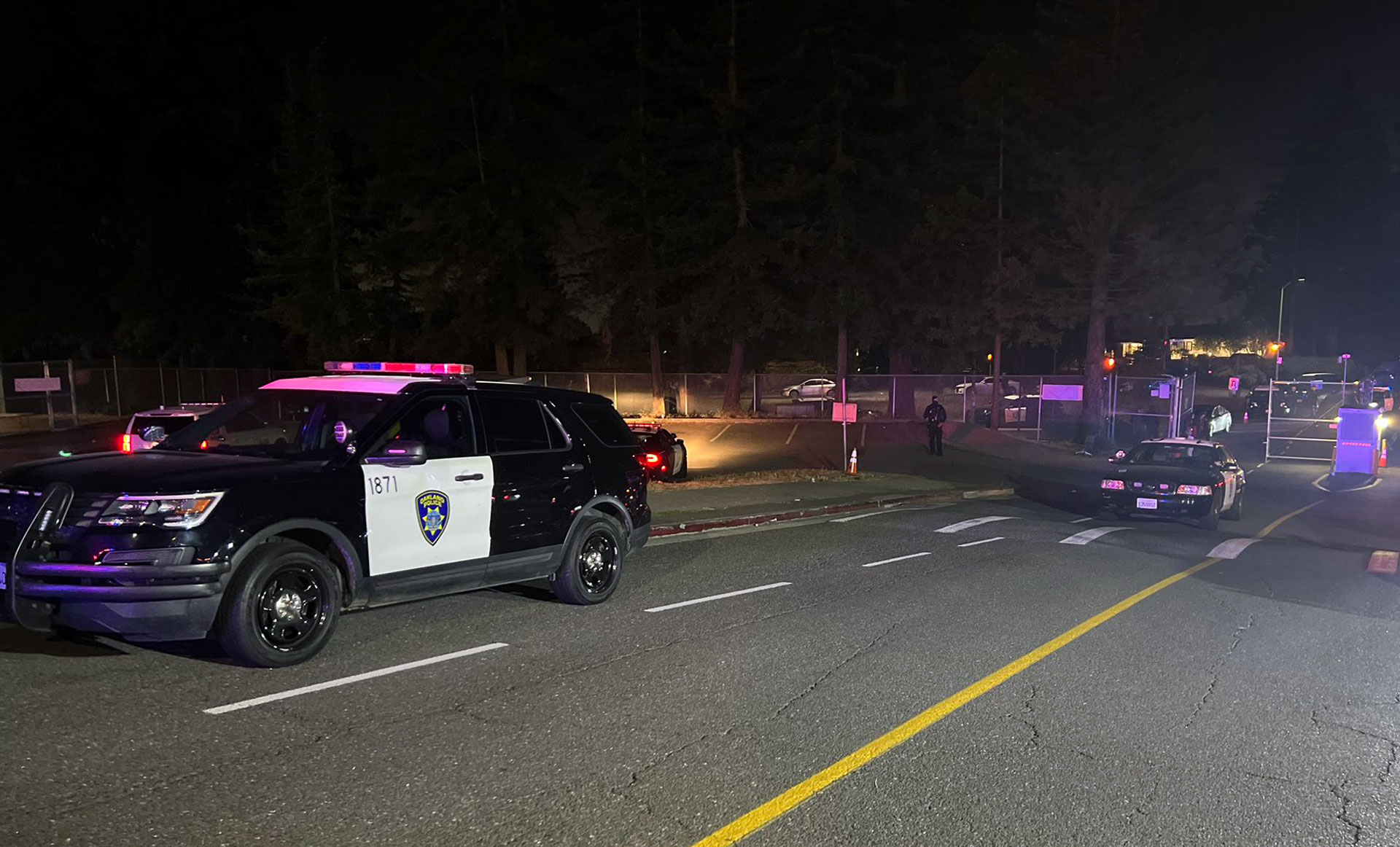 Two police cruisers at night on a roadway.