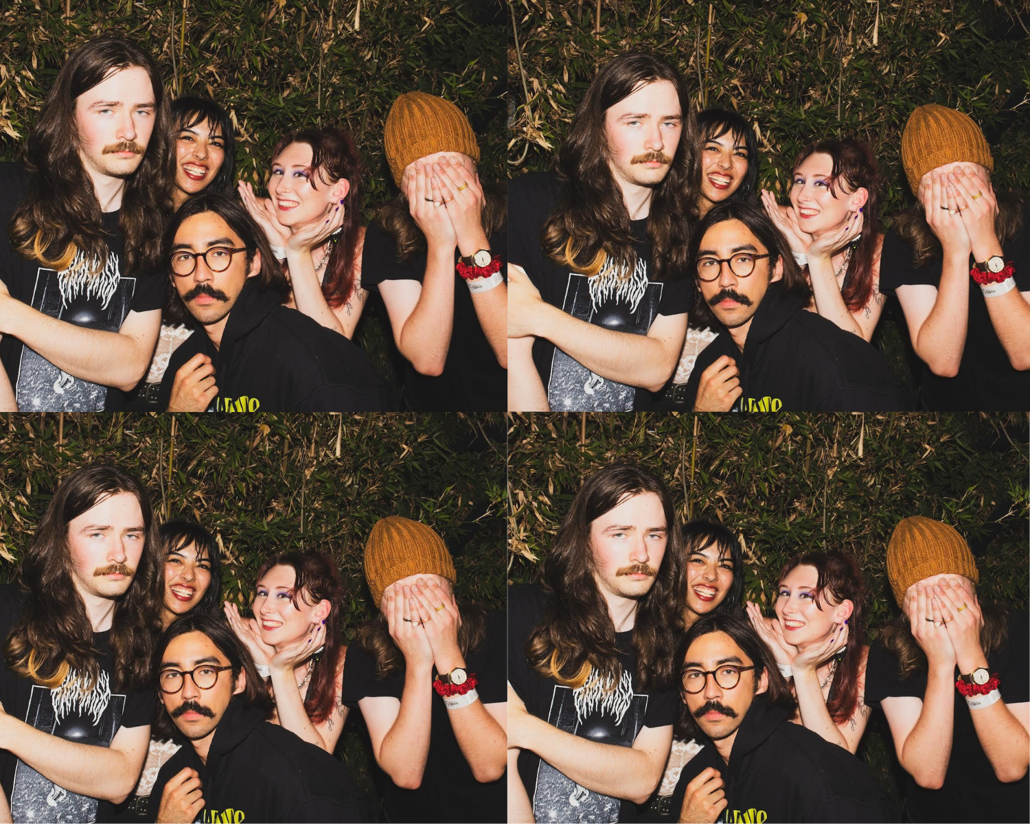 A collage of four images of five people posing outdoors.