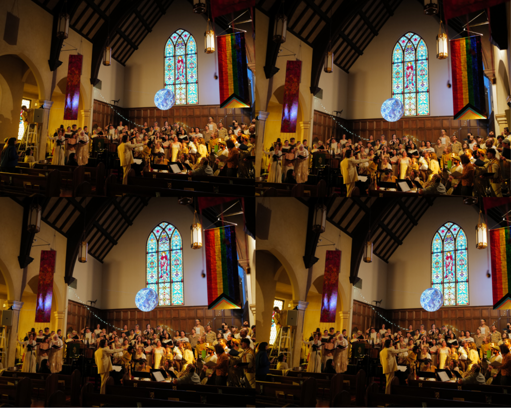 A collage of four images of a choir singing inside a church.