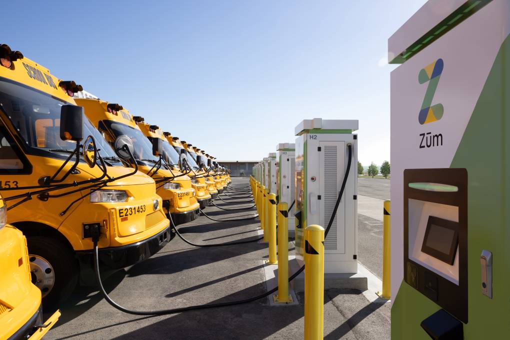 A row of yellow school buses hooked up to charging ports.