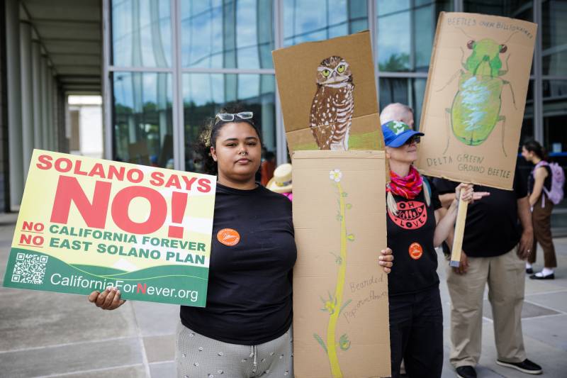 A woman wearing a black shirt stands next to another woman outside. She holds a sign in one hand that says "Solano Says No!" and a poster of a plant and owl in the other hand.