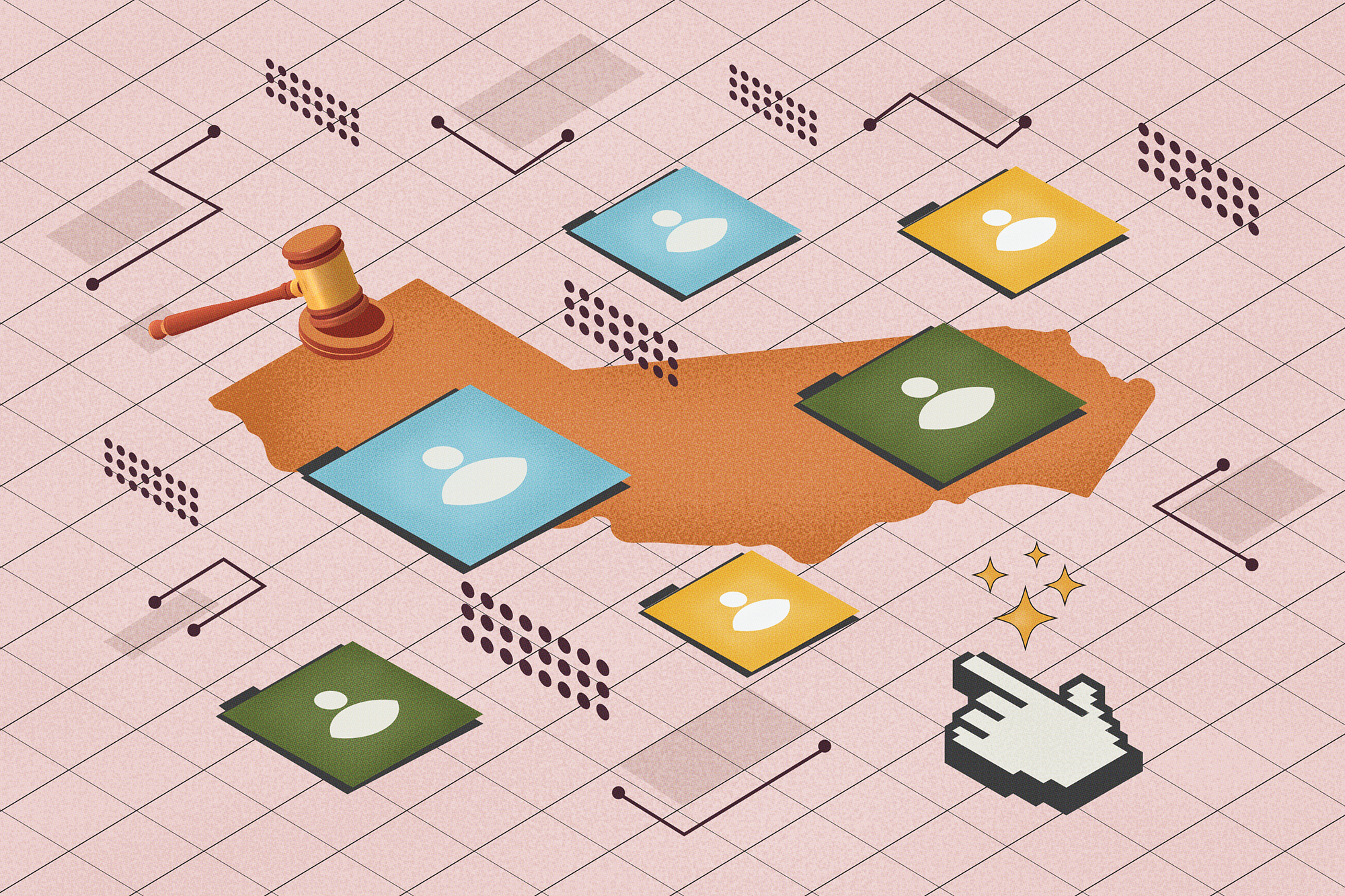 A graphic image of a gavel, computer mouse hand, and folders with a personnel logo above the state on California.