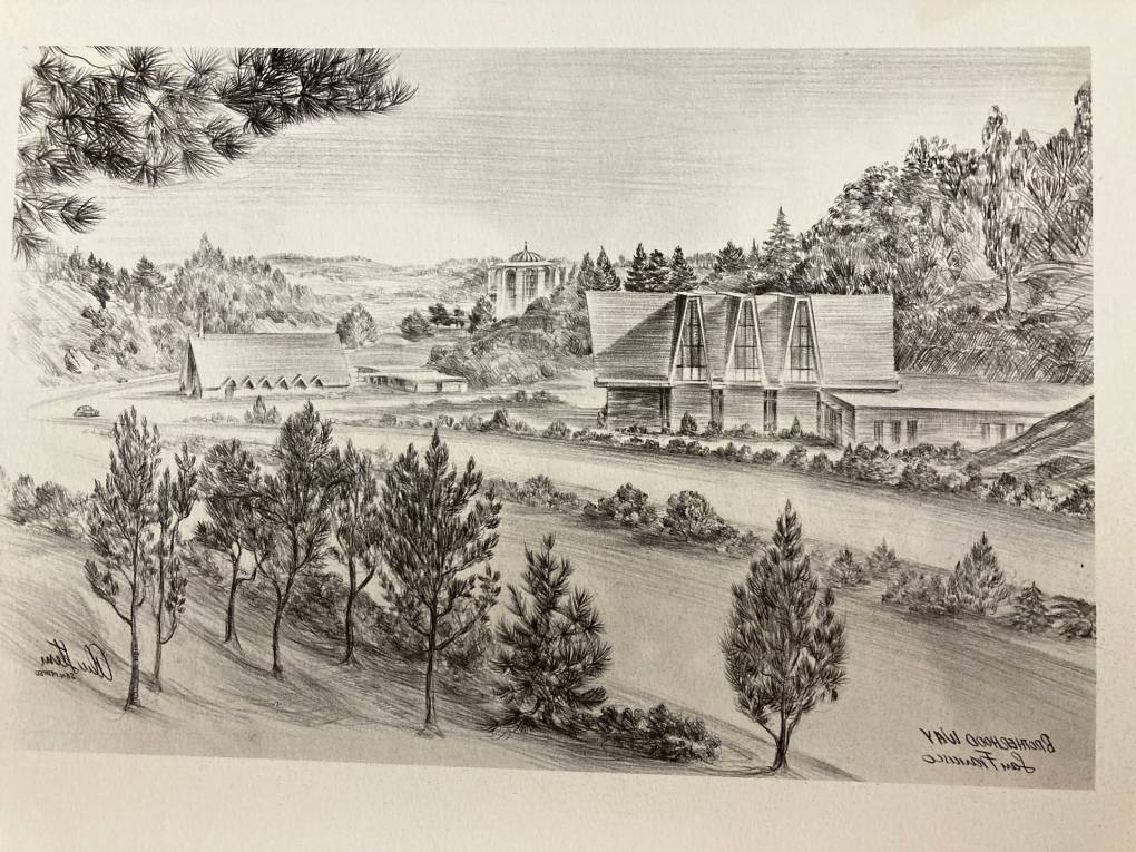 Line drawing of tree lined street with large church buildings on the horizon.