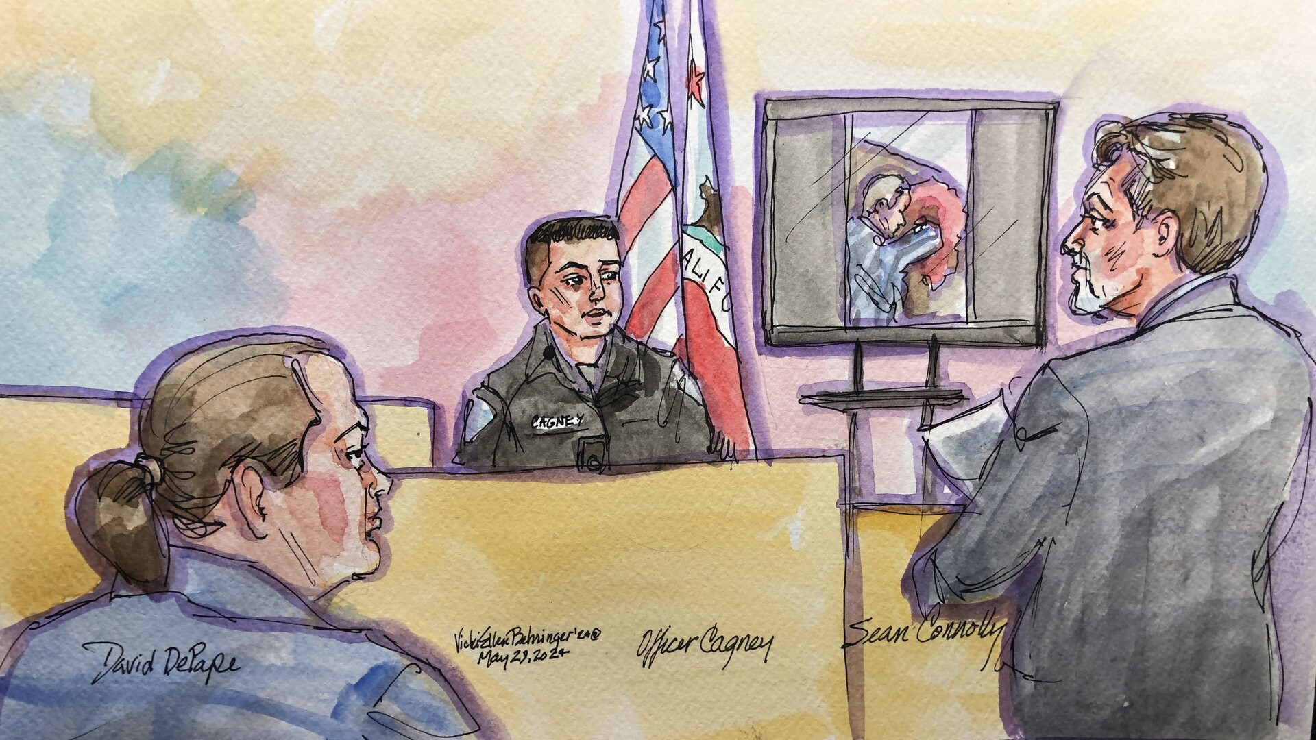 A watercolor courtroom sketch
