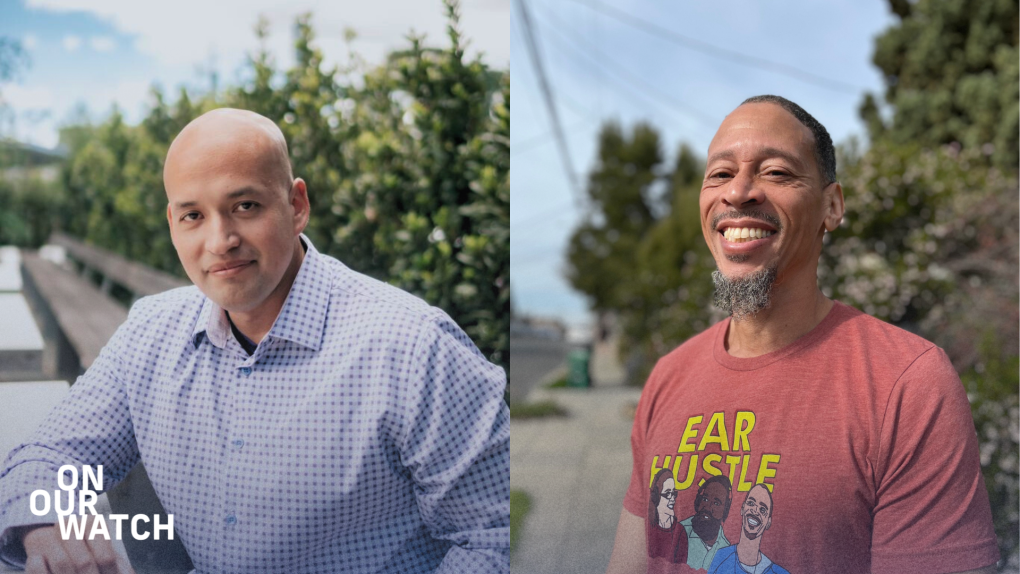 A side-by-side image of Jesse Vasquez on the left and Rahsaan Thomas on the right. Jesse Vasquez, who has a shaved head and is wearing a light blue checkered shirt, is seated outdoors with greenery in the background. Rahsaan Thomas, who has a goatee and is wearing a red "Ear Hustle" T-shirt, is standing outside, smiling, with trees and a clear sky behind him. Both are formerly incarcerated journalists. The words "On Our Watch" are visible in the lower left corner of Jesse's photo.