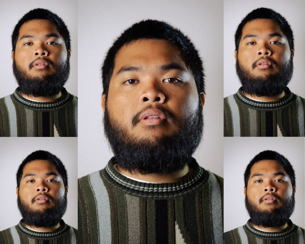 A collage of five images of a headshot of a man wearing a green patterned sweater.