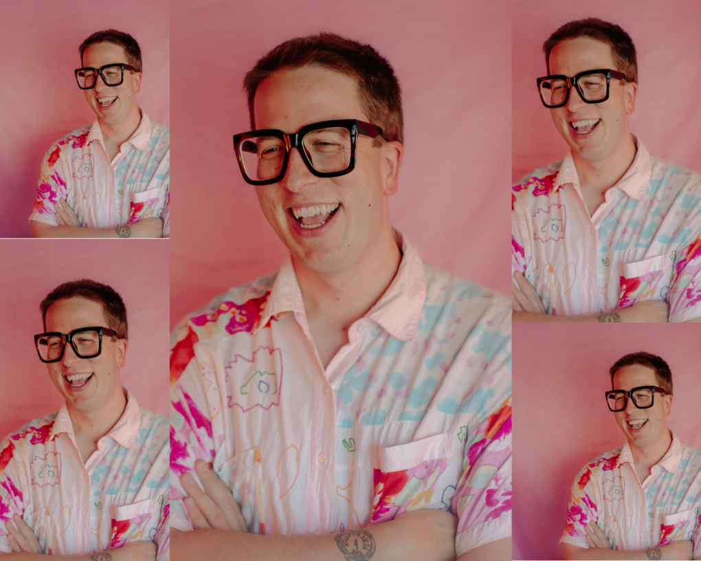 A collage of five images of a white man with glasses wearing a pink shirt with his arms folded.