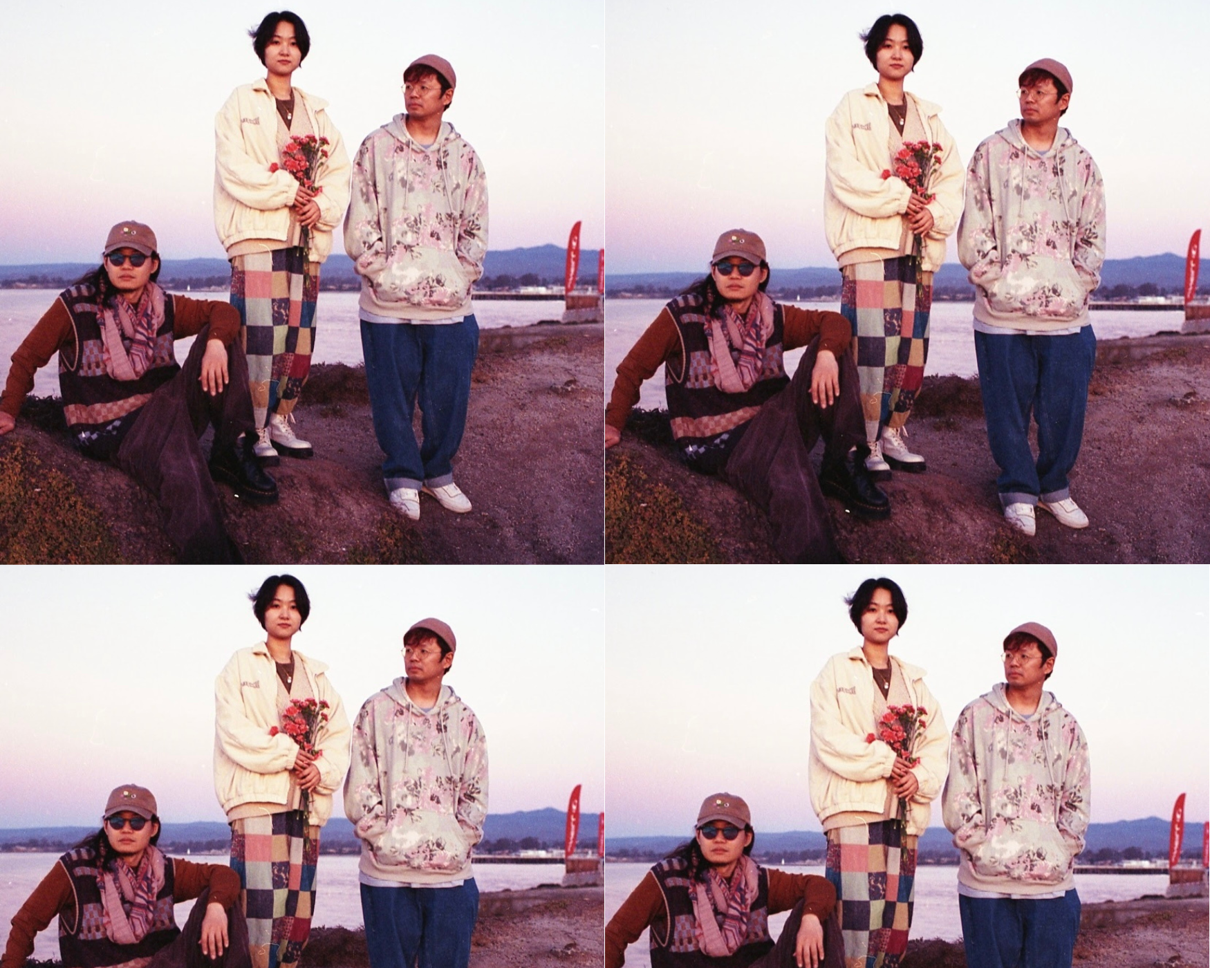 A collage of four images of three people sitting and standing outside.
