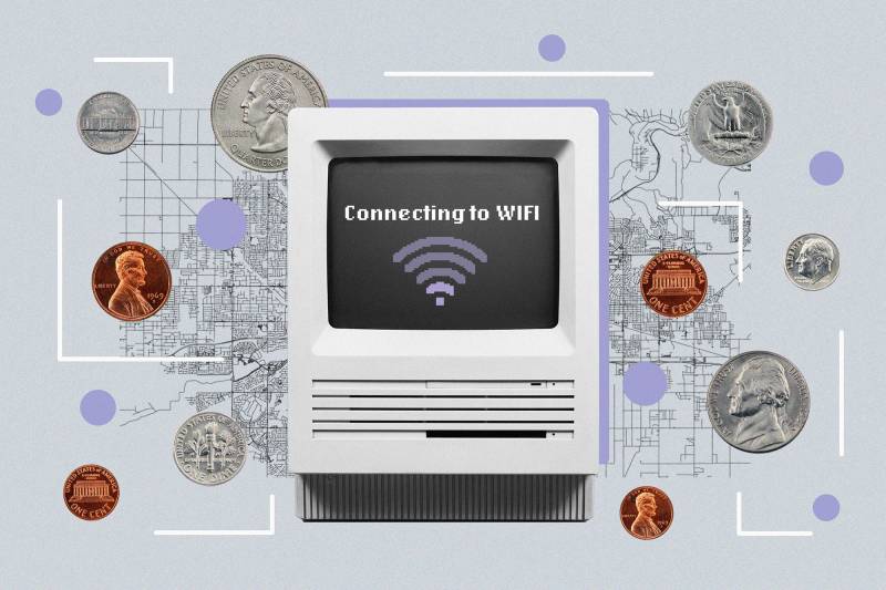 A graphic image of a vintage computer monitor that says "Connecting to Wifi" with the Wifi logo and coins in the background.