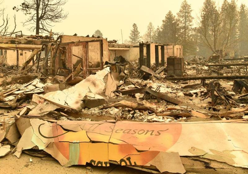 The charred remains of a building.