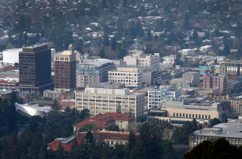 An aerial view of the downtown area of a city.